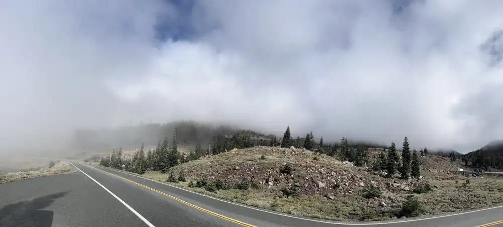 driving up to Mt Shasta through clouds